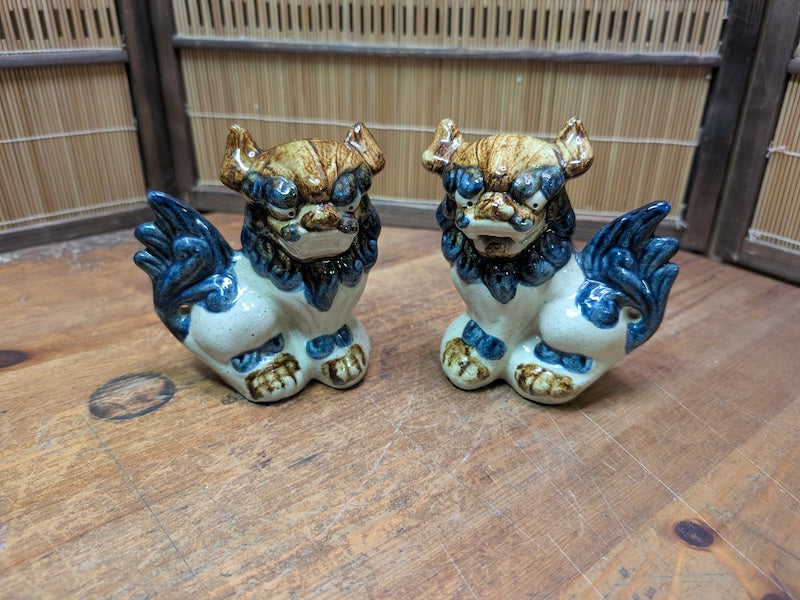 Vintage Okinawan Shisa Pair Japanese Guardian Lion Statues Ceramic