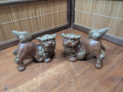 Vintage Okinawan Shisa Lion Pair Hand Painted Ceramic Statues Japan Rare