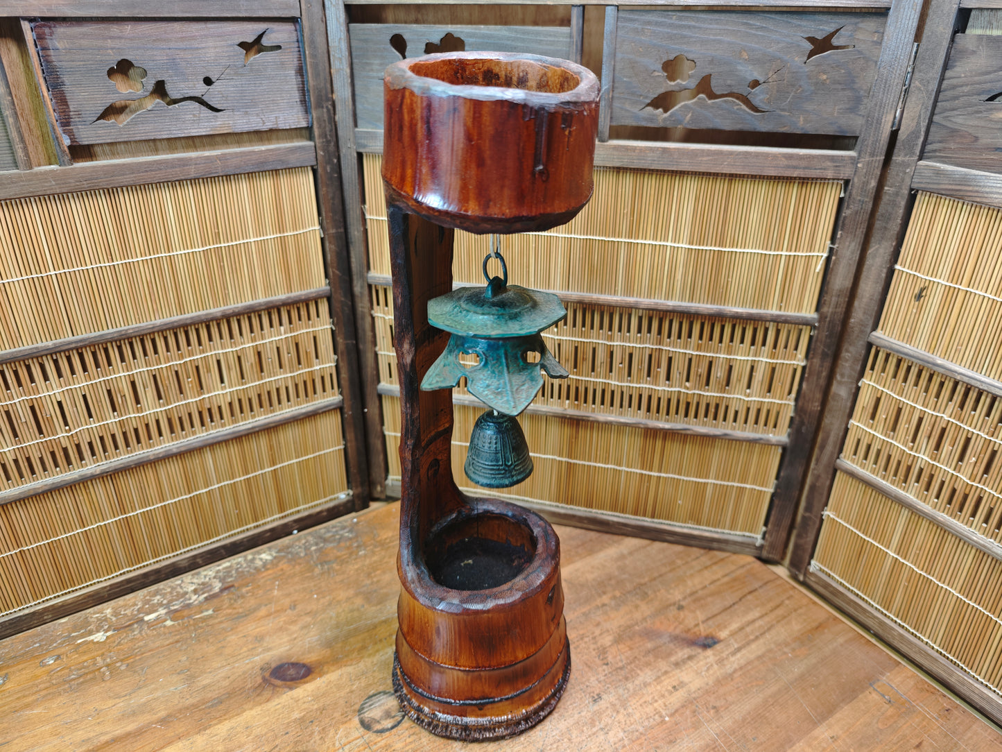Unique Japanese Nambu Wind Bell 1950s Rebuilt Bamboo Art Signed Decor