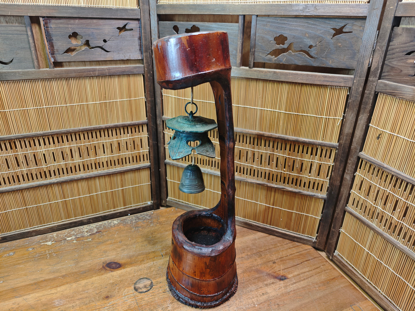 Unique Japanese Nambu Wind Bell 1950s Rebuilt Bamboo Art Signed Decor