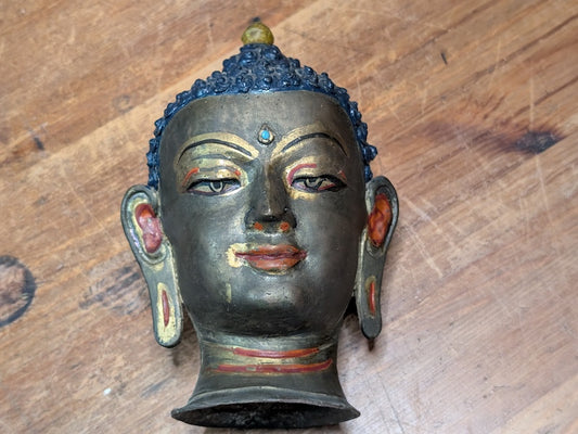 Vintage Brass Buddha Head Statue Colorful Antique Spiritual Decor