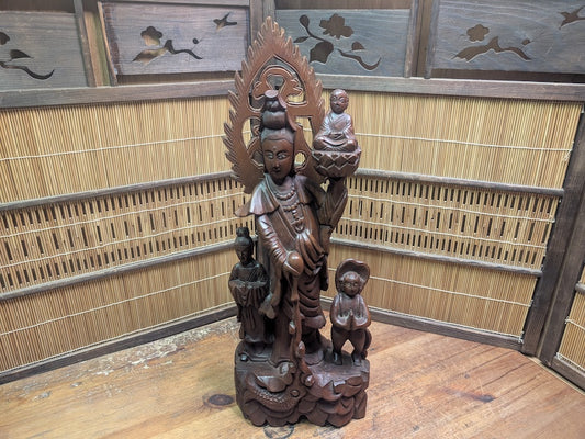 Vintage Chinese Boxwood Guan Yin Statue Lotus Fish Motif Auction Japan