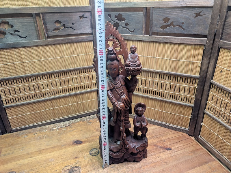Vintage Chinese Boxwood Guan Yin Statue Lotus Fish Motif Auction Japan
