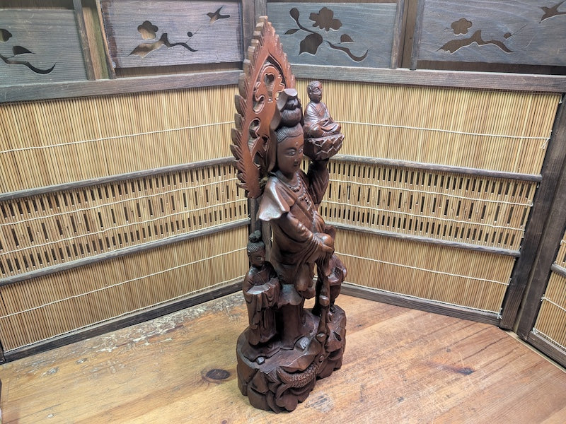 Vintage Chinese Boxwood Guan Yin Statue Lotus Fish Motif Auction Japan