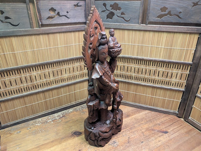 Vintage Chinese Boxwood Guan Yin Statue Lotus Fish Motif Auction Japan