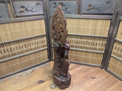 Vintage Chinese Boxwood Guan Yin Statue Lotus Fish Motif Auction Japan