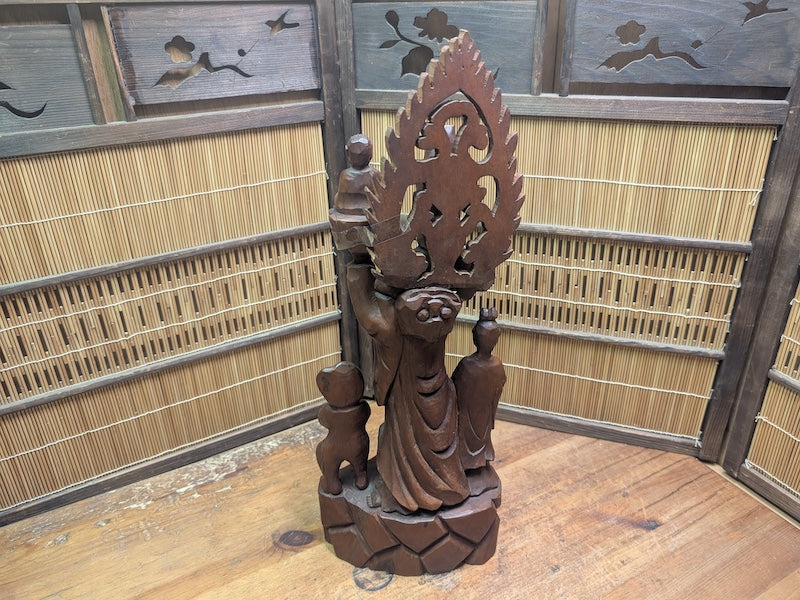 Vintage Chinese Boxwood Guan Yin Statue Lotus Fish Motif Auction Japan