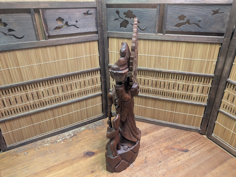 Vintage Chinese Boxwood Guan Yin Statue Lotus Fish Motif Auction Japan