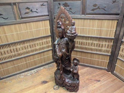 Vintage Chinese Boxwood Guan Yin Statue Lotus Fish Motif Auction Japan