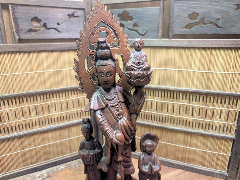 Vintage Chinese Boxwood Guan Yin Statue Lotus Fish Motif Auction Japan