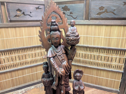 Vintage Chinese Boxwood Guan Yin Statue Lotus Fish Motif Auction Japan
