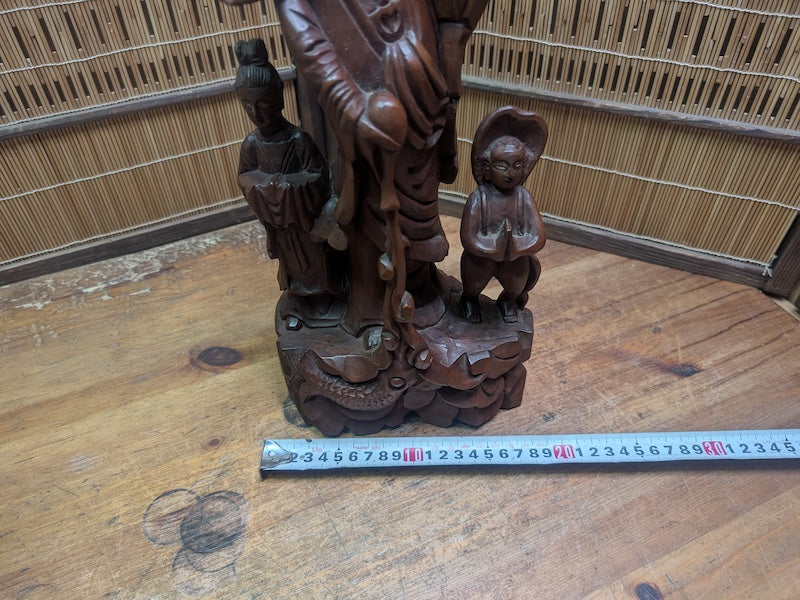 Vintage Chinese Boxwood Guan Yin Statue Lotus Fish Motif Auction Japan