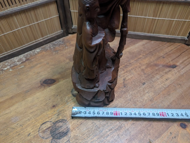 Vintage Chinese Boxwood Guan Yin Statue Lotus Fish Motif Auction Japan