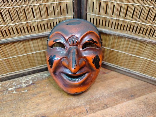 Vintage Japanese Buddhist Mask Smiling Wall Decor Folk Art Antique Signed