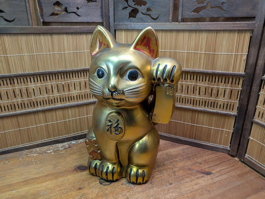 Vintage Japanese Gold Maneki Neko Large Signed Lucky Cat Figurine