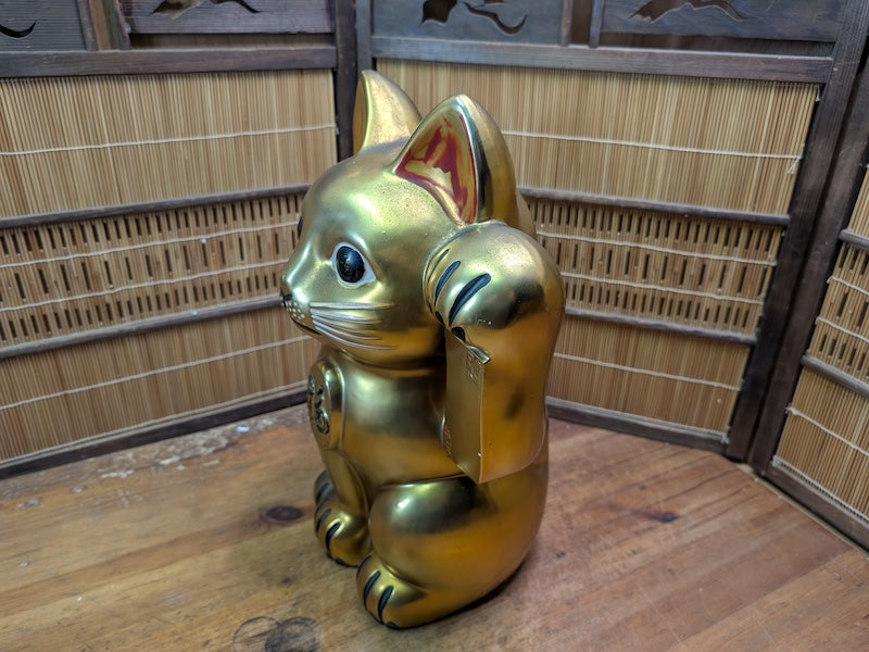 Vintage Japanese Gold Maneki Neko Large Signed Lucky Cat Figurine