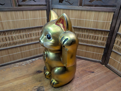 Vintage Japanese Gold Maneki Neko Large Signed Lucky Cat Figurine