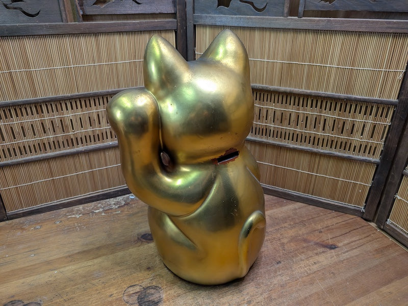 Vintage Japanese Gold Maneki Neko Large Signed Lucky Cat Figurine