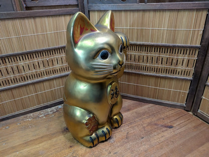 Vintage Japanese Gold Maneki Neko Large Signed Lucky Cat Figurine