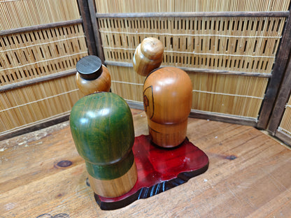Vintage Japanese Kokeshi Doll Set Signed Hand-Carved Folk Art