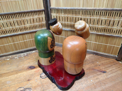 Vintage Japanese Kokeshi Doll Set Signed Hand-Carved Folk Art