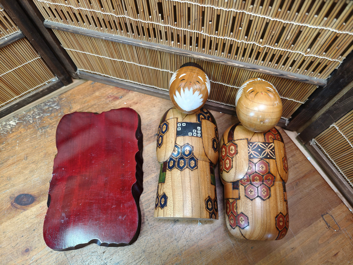 Vintage Japanese Kokeshi Doll Set Signed Hand-Carved Folk Art