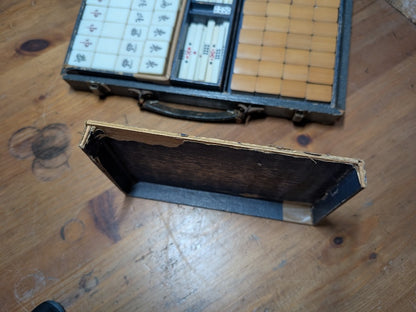 Vintage Japanese Mahjong Game Set Resin Bamboo Tiles Wooden Case