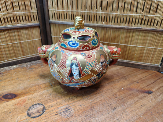 Vintage Japanese Satsuma Ware Koro Incense Burner Shishi Moriage Decor