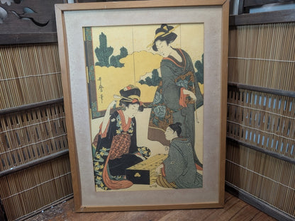 Vintage Japanese Some-mono Textile Print Bijin-ga Kyoto Dye Art Framed 1950s