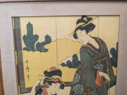 Vintage Japanese Some-mono Textile Print Bijin-ga Kyoto Dye Art Framed 1950s