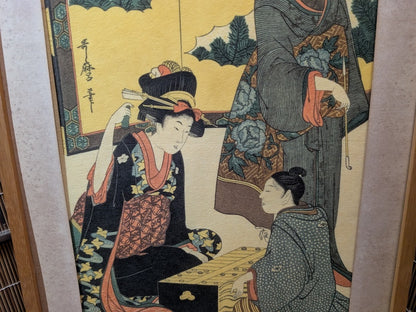 Vintage Japanese Some-mono Textile Print Bijin-ga Kyoto Dye Art Framed 1950s