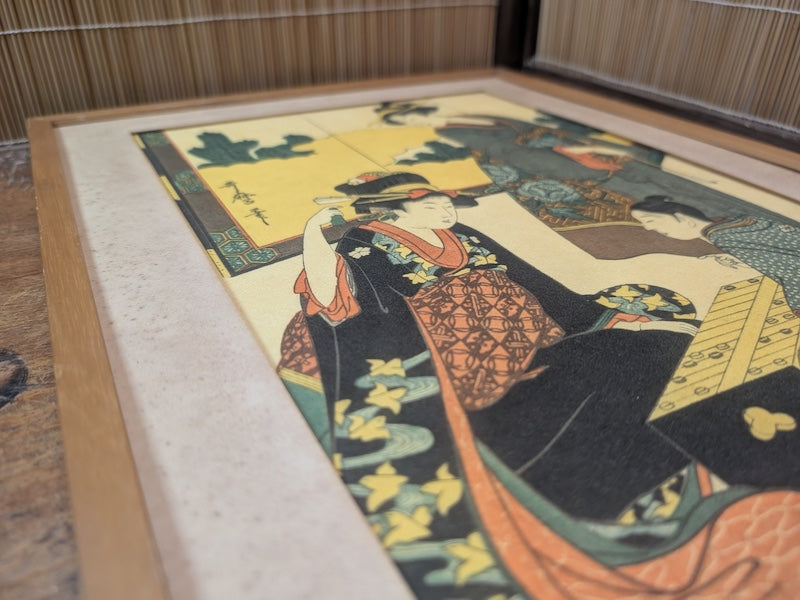 Vintage Japanese Some-mono Textile Print Bijin-ga Kyoto Dye Art Framed 1950s