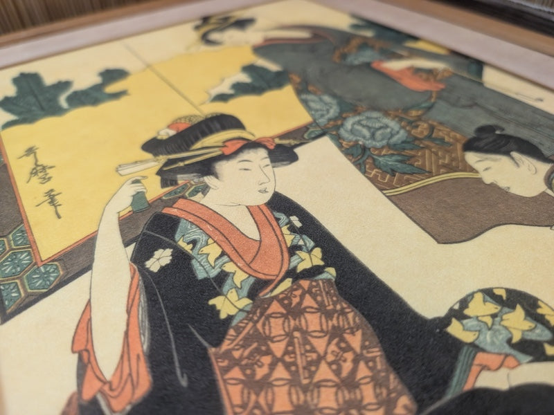 Vintage Japanese Some-mono Textile Print Bijin-ga Kyoto Dye Art Framed 1950s