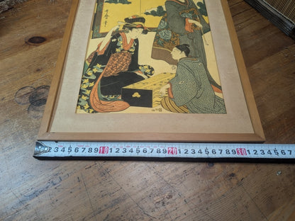 Vintage Japanese Some-mono Textile Print Bijin-ga Kyoto Dye Art Framed 1950s