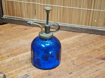 1960s Japanese Cobalt Blue Glass Plant Mister Brass Spray Bottle Decor