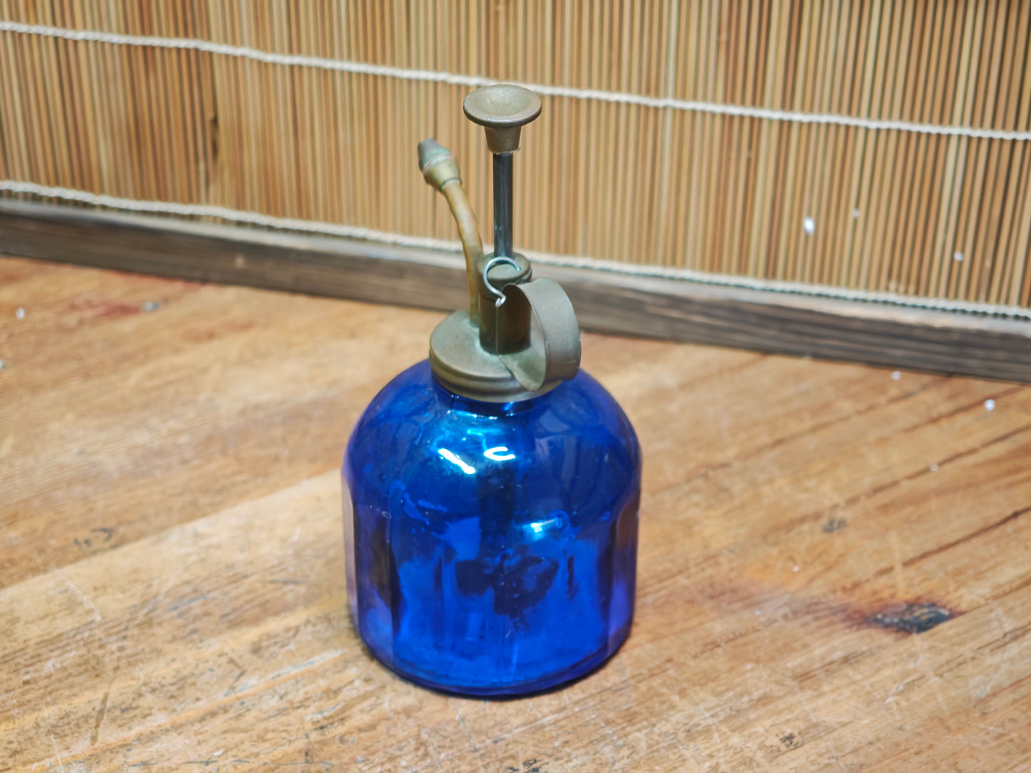 1960s Japanese Cobalt Blue Glass Plant Mister Brass Spray Bottle Decor