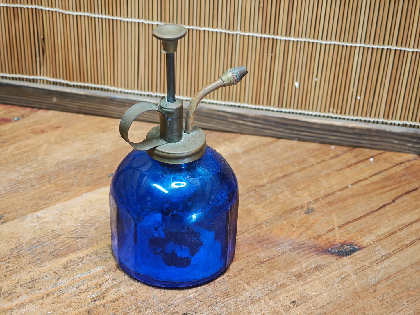 1960s Japanese Cobalt Blue Glass Plant Mister Brass Spray Bottle Decor