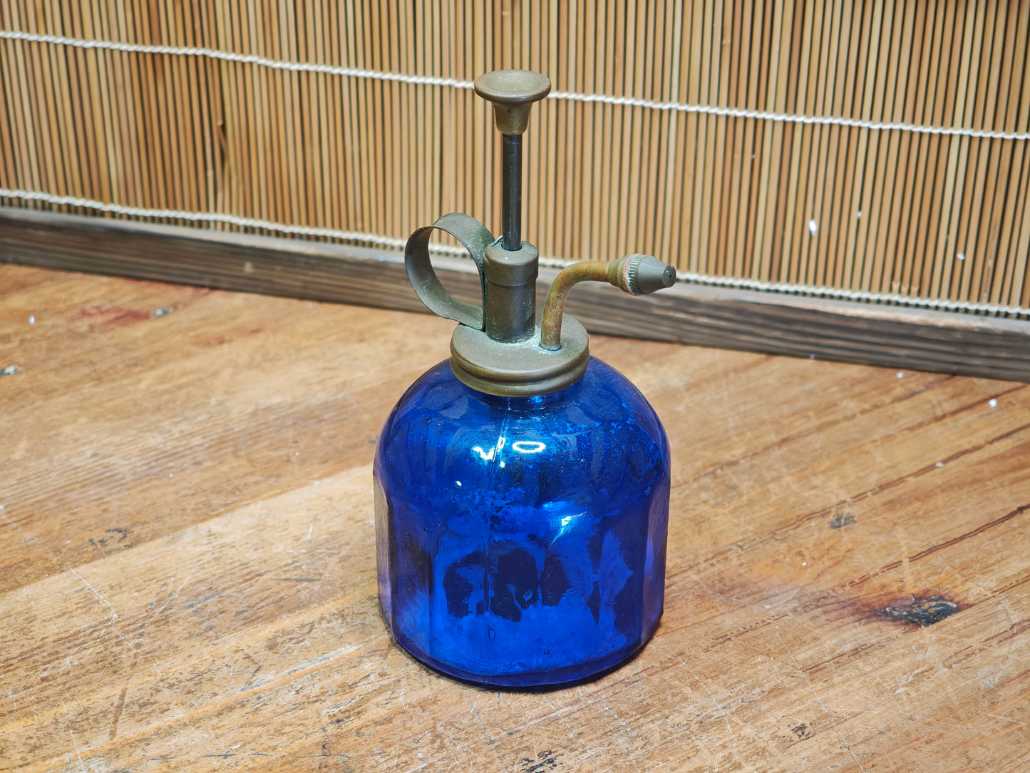 1960s Japanese Cobalt Blue Glass Plant Mister Brass Spray Bottle Decor