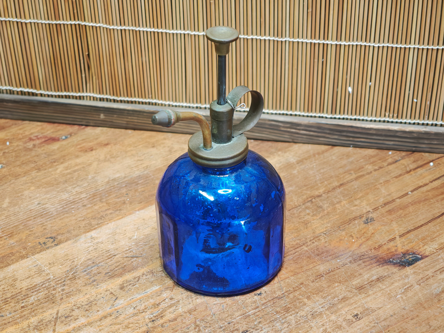 1960s Japanese Cobalt Blue Glass Plant Mister Brass Spray Bottle Decor