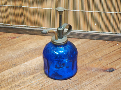 1960s Japanese Cobalt Blue Glass Plant Mister Brass Spray Bottle Decor