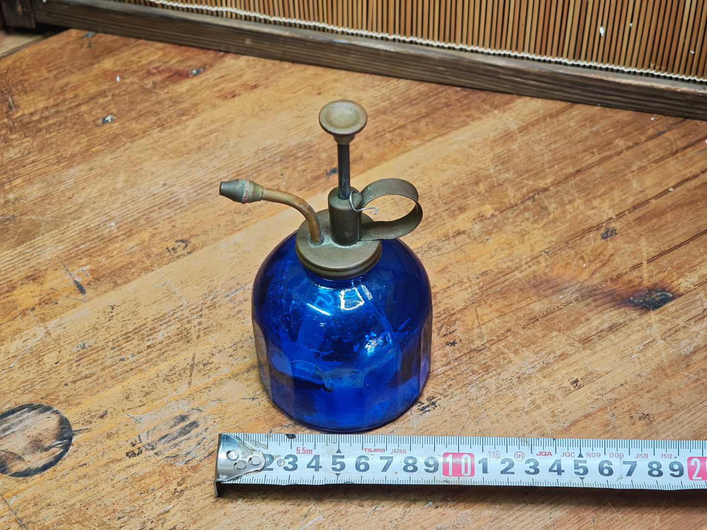 1960s Japanese Cobalt Blue Glass Plant Mister Brass Spray Bottle Decor