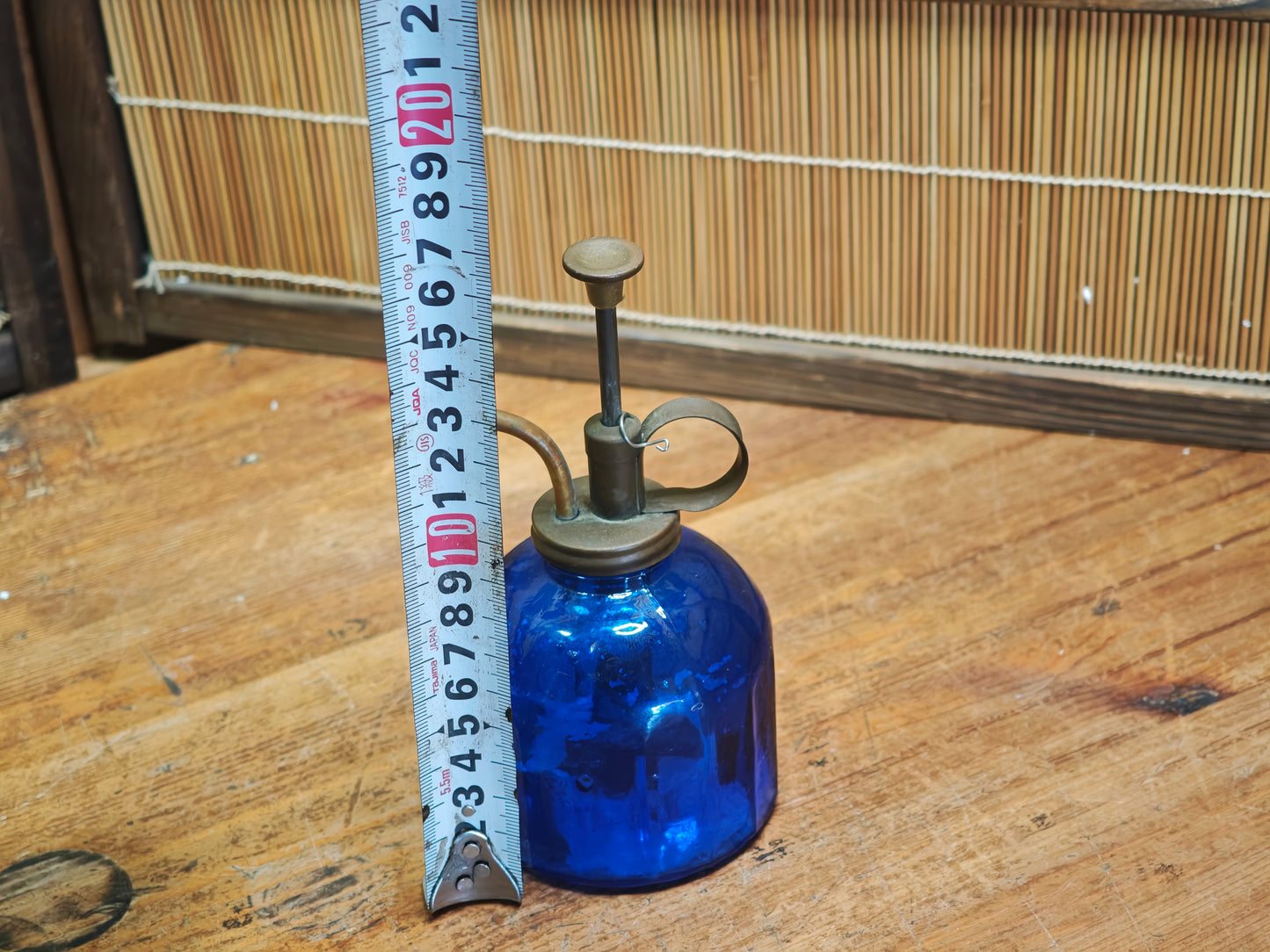 1960s Japanese Cobalt Blue Glass Plant Mister Brass Spray Bottle Decor
