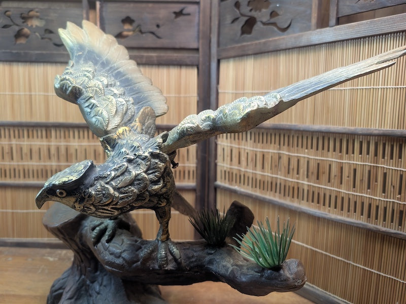 Vintage 1960s Japanese Cast Iron Eagle Taka Statue Samurai Symbol