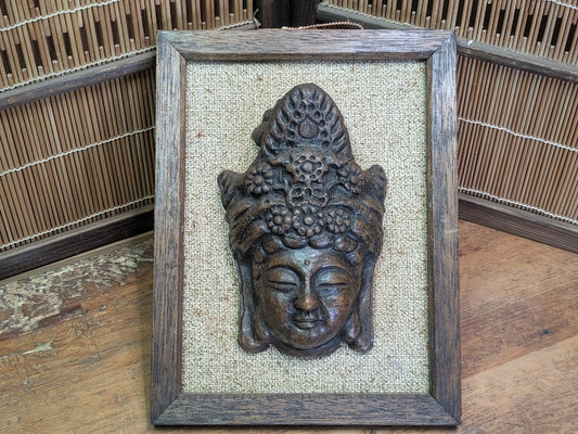 Vintage Japanese Carved Wooden Buddha Wall Plaque Framed Art Decor