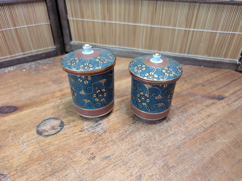 Vintage Kutani Ware Tea Cups Set 1960s Japanese Yunomi with Lids