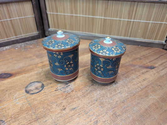 Vintage Kutani Ware Tea Cups Set 1960s Japanese Yunomi with Lids