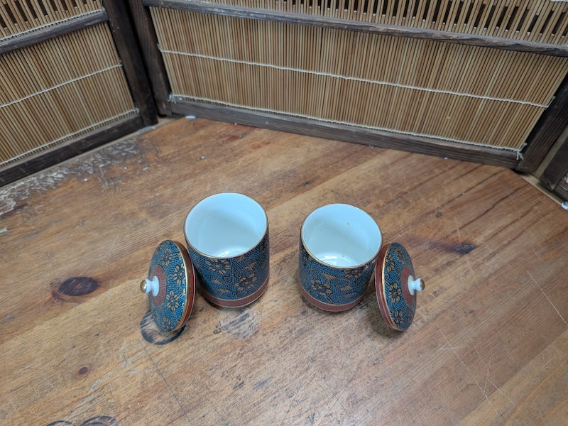 Vintage Kutani Ware Tea Cups Set 1960s Japanese Yunomi with Lids