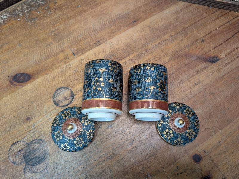 Vintage Kutani Ware Tea Cups Set 1960s Japanese Yunomi with Lids