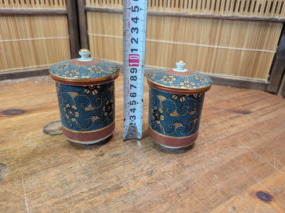 Vintage Kutani Ware Tea Cups Set 1960s Japanese Yunomi with Lids