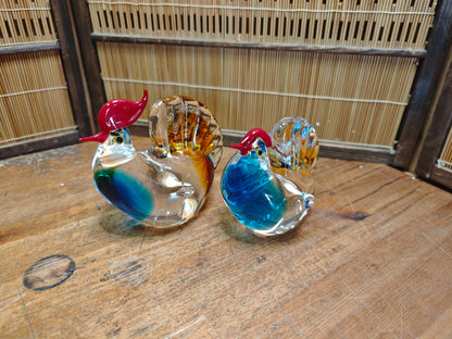 1970s Japanese Hand Blown Art Glass Rooster Pair Heavy Crystal Decor